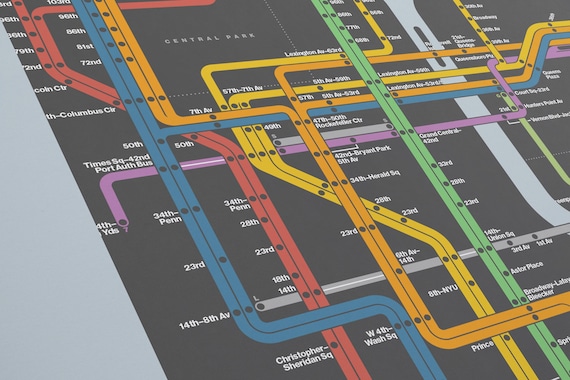 New York City Subway Map / Dark Mode / NYC / Minimal Poster Print