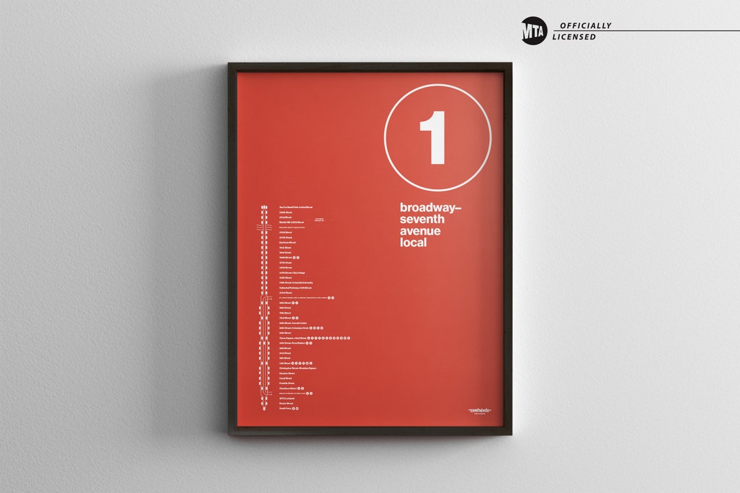 NYC 1 Train Map One Color / Minimal Poster Print / New York City Subway