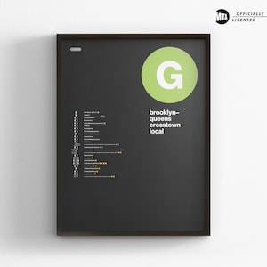 Carte du train G de la ville de New York / Impression poster minimaliste / Art mural style métro de New York / Décoration d'intérieur sur toile / Enseigne de métro / Cadeau de voyage encadré