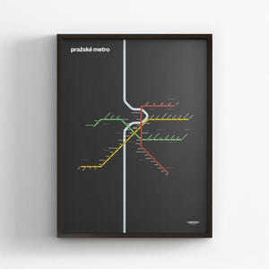 Métro de Prague, carte en mode sombre, impression d'affiche minimale, décoration d'intérieur en toile, cadeau de voyage encadré, art mural style métro, enseigne de transport en commun sur rails de métro