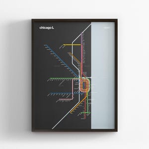 Chicago L Subway Map Dark Mode / CTA Train / Minimal Poster Print / Subway Style Wall Art / Canvas Home Decor Rail / Black Frame Travel Gift