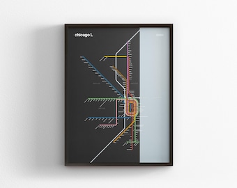 Chicago L Subway Map Dark Mode / CTA Train / Minimal Poster Print / Subway Style Wall Art / Canvas Home Decor Rail / Black Frame Travel Gift