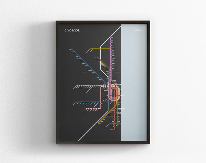 Chicago L Subway Map Dark Mode / CTA Train / Minimal Poster Print / Subway Style Wall Art / Canvas Home Decor Rail / Black Frame Travel Gift