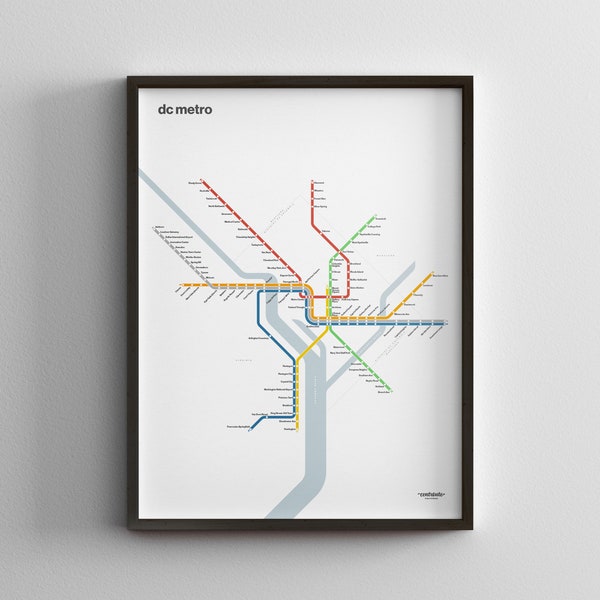Mappa della metropolitana DC / Washington DC / Stampa poster minimale / Arte da parete in stile metropolitana / Decorazione per la casa su tela / Regalo di viaggio con cornice nera