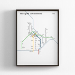 Metro de Minneapolis-St. Paul, Mapa en modo claro, Impresión minimalista de póster, Decoración en lienzo para el hogar, Regalo de viaje enmarcado, Arte mural estilo metro, Señal de tránsito