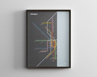 Chicago L Subway Map Dark Mode / CTA Train / Minimal Poster Print / Subway Style Wall Art / Canvas Home Decor Rail / Black Frame Travel Gift