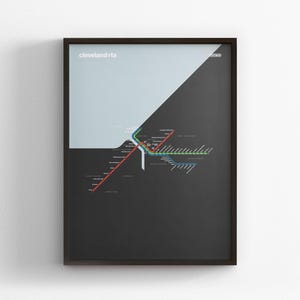 Cleveland RTA-spoorweg, kaart donkere modus, minimale posterprint, decor canvas, ingelijst reiscadeau, muurkunst in metrostijl, bord metro