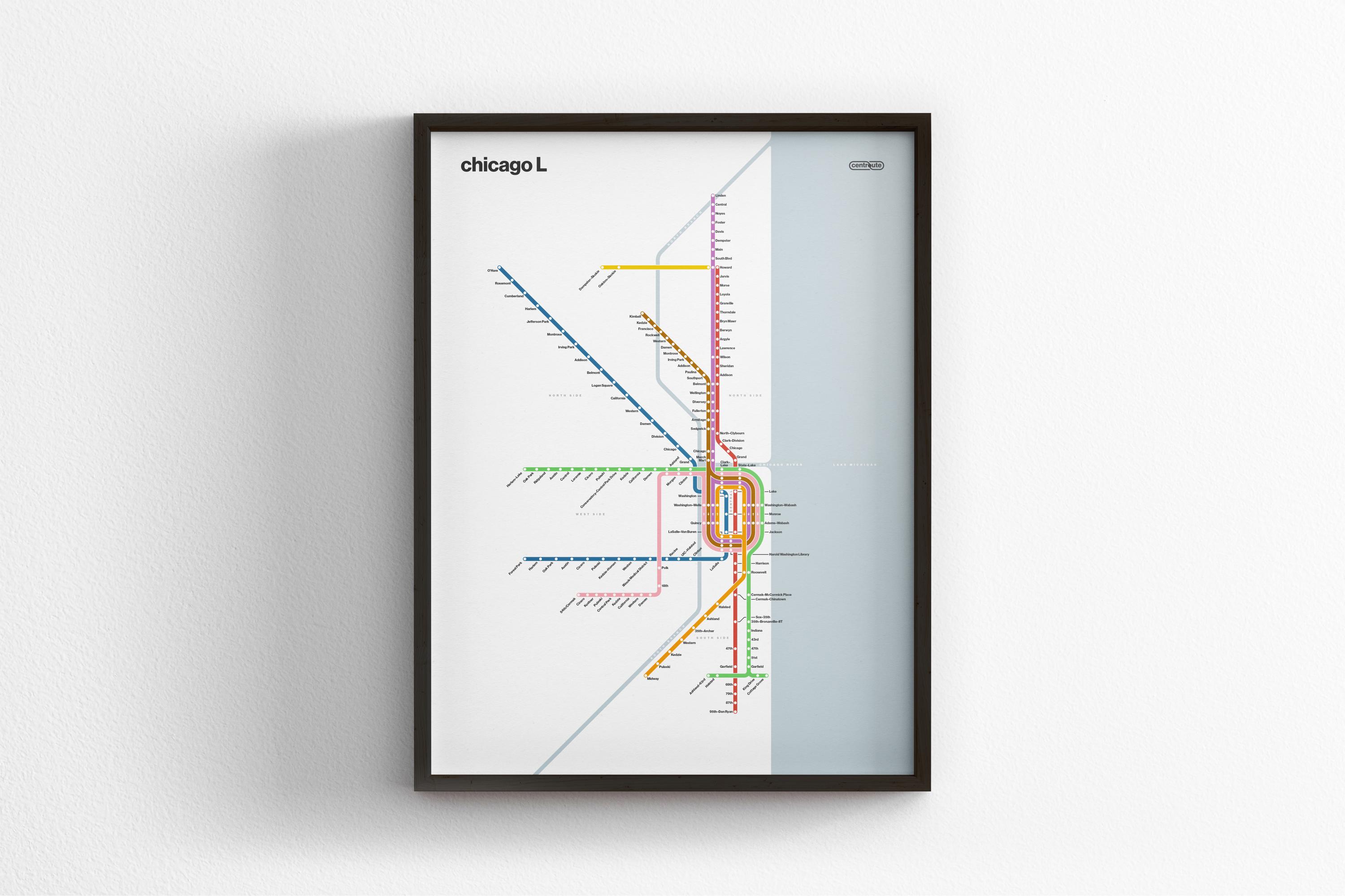 Chicago L Subway Map / CTA / Minimal Poster Print / Subway Style Wall Art / Canvas Home Decor / Black Frame Travel Gift / Minimalist Design