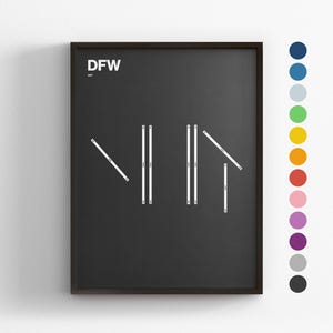 DWF Runways, Dallas Fort Worth Intl. Luchthaven, minimale posterprint, canvas decor, ingelijst reiscadeau, kunst aan de muur luchtvaart, bord transitkaart