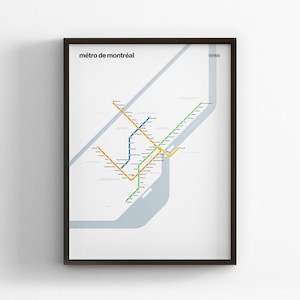 May include: Framed print of the Montreal Metro map. The map features colorful lines representing subway routes, including orange, blue, green, and yellow, against a white background. The title "métro de montréal" is displayed at the top.