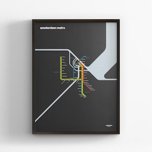 Amsterdam Metro, Dark Mode Karte, Minimal Poster, Leinwand Dekor, gerahmt Reisegeschenk, U-Bahn Stil Wandkunst, U-Bahn Tunnelschild