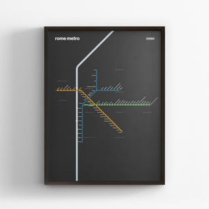 Metro Rome, kaart donkere modus, minimale posterafdruk, decor canvas, ingelijst reiscadeau, muurkunst stijl metro, bord metro trein doorvoer