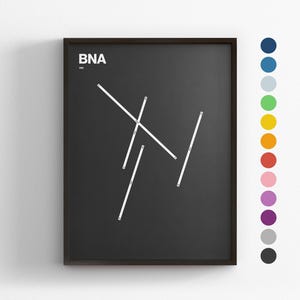 Pistas del BNA, Aeropuerto Internacional de Nashville, Impresión minimalista de póster, Decoración en lienzo, Regalo de viaje enmarcado, Arte mural de aviación, Letrero de mapa de tránsito