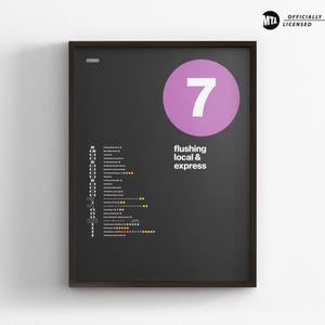 NYC 7 Train Map / Minimal Poster Print / New York City Subway Style Wall Art / Canvas Home Decor / Metro Rail Sign / Framed Travel Gift