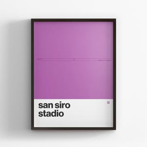 May include: A framed vertical poster featuring a solid purple background with a thin horizontal line and small text in the center. The bottom white section displays the black text 'san siro stadio' and a small purple square icon in the corner.