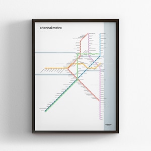 Chennai Metro, Light Mode Karte, Minimal Poster, Leinwand Wohnkultur, gerahmt Reisegeschenk, U-Bahn Stil Wandkunst, Zug Schild