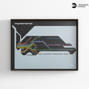 LIRR, carte en mode sombre, impression d'affiche minimale, décoration d'intérieur en toile, cadeau de voyage encadré, oeuvre d'art murale style métro, enseigne de transport en commun sur rails de métro