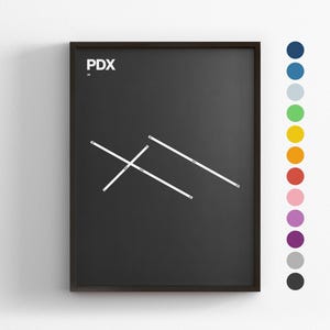 Pistas de PDX, Aeropuerto Internacional de Portland, Impresión minimalista de póster, Decoración en lienzo para el hogar, Regalo de viaje enmarcado, Arte mural de aviación, Letrero de mapa de tránsito