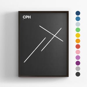 Pistas del CPH, Aeropuerto de Copenhague-Kastrup, Impresión minimalista de póster, Decoración en lienzo para el hogar, Regalo de viaje enmarcado, Arte mural de aviación, Señal de mapa de tránsito