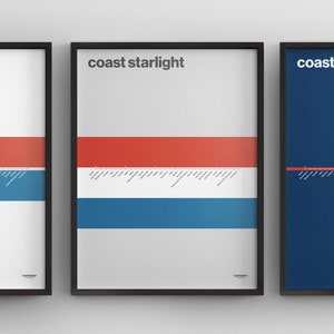 "Amtrak Coast Starlight / Minimal Art Poster / LA Oakland ""Seattle"" / Subway Style Wandbild / Leinwanddruck / Schwarzer Rahmen Reisegeschenk