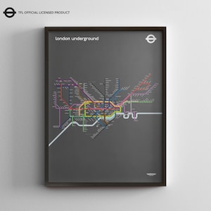 Carte du métro verticale en mode sombre du métro de Londres / Impression d'affiche minimale / Art mural style métro / Enseigne décorative sur toile / Cadeau de voyage encadré