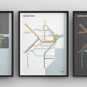 Sydney Trains Karte / Australien Metro Transport / Minimal Poster / U-Bahn Stil Wand Kunst / Leinwand Dekor / Geschenk / Schwarzer Rahmen