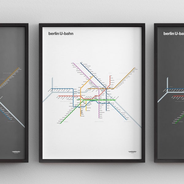 Mapa del U-Bahn de Berlín / Alemania / Impresión mínima de carteles / Arte de pared estilo metro / Decoración del hogar de lienzo / Regalo de viaje con marco negro / Señal de ferrocarril