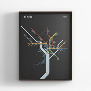 DC Metro Map / Dark Mode / Washington DC / Minimal Poster Print / Subway Style Wall Art Sign / Canvas Home Decor / Black Frame Travel Gift