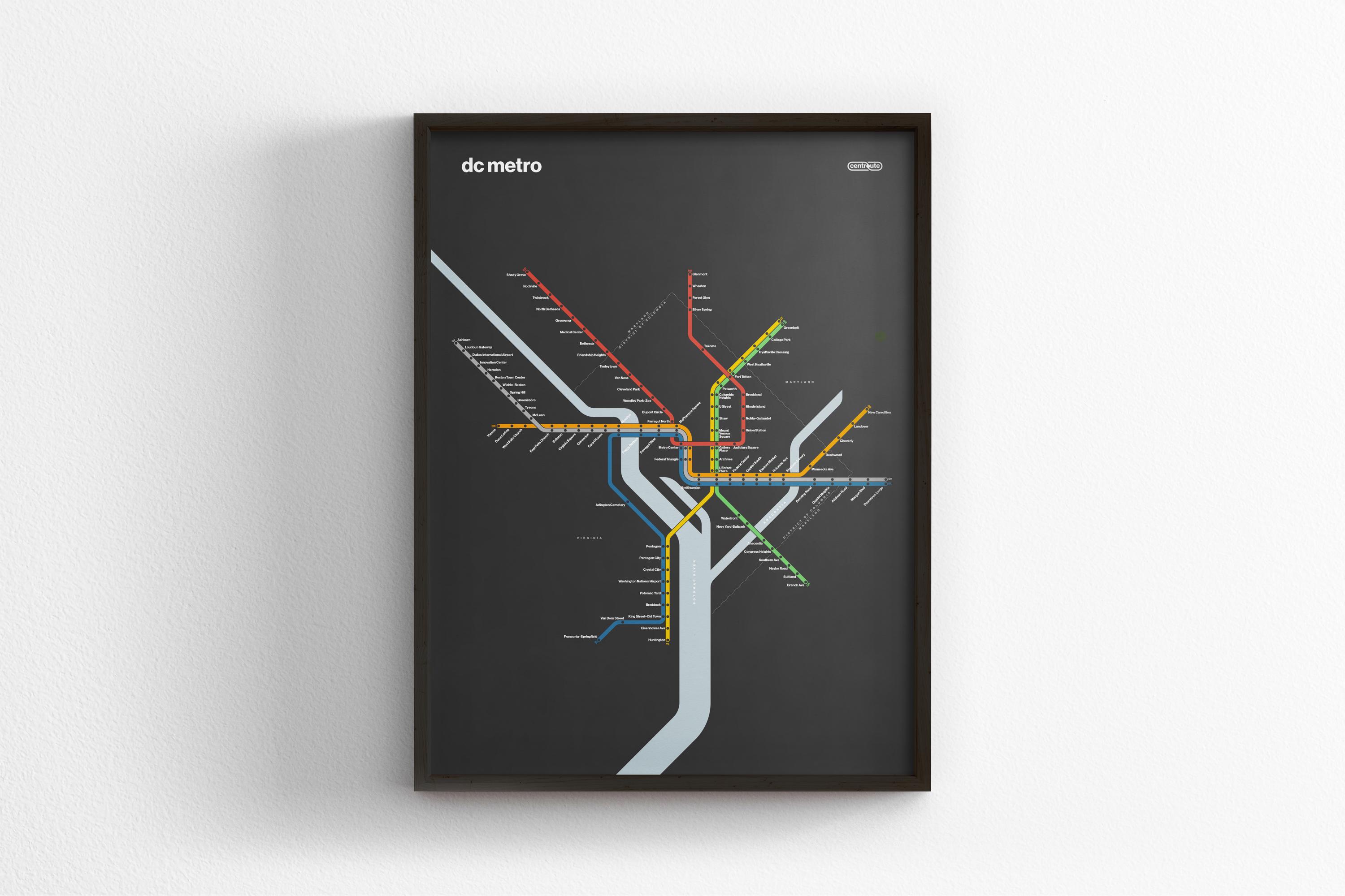 DC Metro Map / Dark Mode / Washington DC / Minimal Poster Print