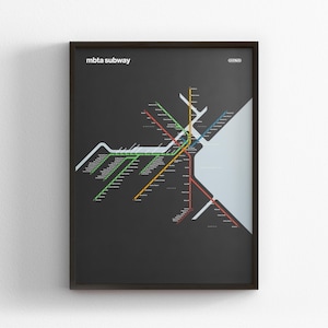 Boston T Rail Map Dark Mode / MBTA / Minimal Poster Print / Subway Style Wall Art / Canvas Home Decor / Minimalist / Moving Travel Gift