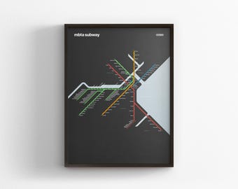 Plattegrond van de Boston T-Rail in donkere modus / MBTA / Minimalistische posterprint / Muurdecoratie in metrostijl / Canvas woondecoratie / Minimalistisch / Verhuiscadeau