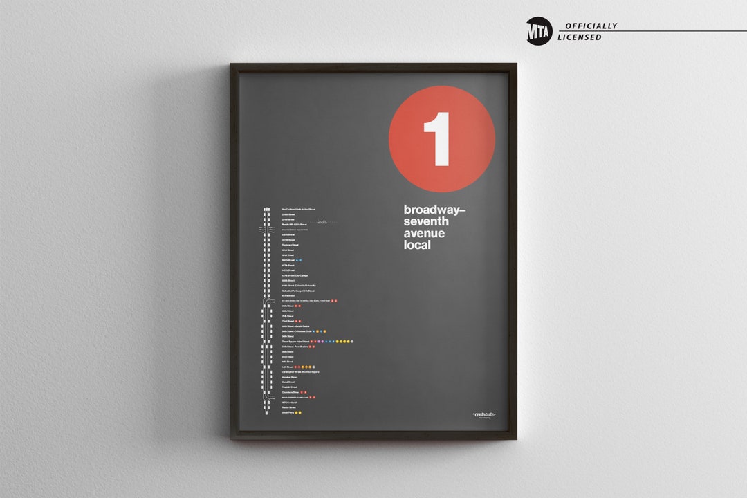 NYC 1 Train Map / Minimal Poster Print / New York City Subway Style