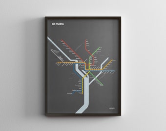 DC Metro Map / Dark Mode / Washington DC / Minimal Poster Print / Subway Style Wall Art Sign / Canvas Home Decor / Black Frame Travel Gift