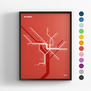 Modo de cor do mapa do metrô de DC / Washington DC / Impressão de pôster minimalista / Placa de arte de parede estilo metrô / Decoração de casa em tela / Presente de viagem com moldura preta