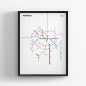 Metro de Delhi, mapa en inglés con luz, póster minimalista, lienzo decorativo para el hogar, regalo de viaje enmarcado, arte mural estilo metro, señal de tránsito ferroviario