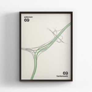 Exit 69 New Jersey Turnpike Karte, moderne Kunst, Wandbild, Leinwand Dekor, gerahmtes Reisegeschenk, minimales Poster, Landstraße Schild Road Trip