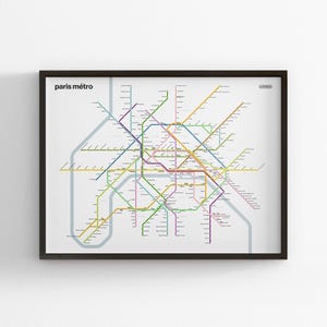 Metrokaart Parijs / lichtmodus / minimale posterafdruk / muurkunst metrostijl / canvas woondecoratie / zwarte lijst reiscadeau / Frankrijk spoorbord
