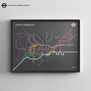 Mapa do metrô de Londres no modo escuro horizontal / Impressão de pôster minimalista / Arte de parede estilo metrô / Decoração de casa em tela / Presente de viagem emoldurado