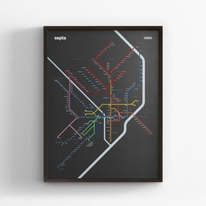 SEPTA Rail, Dark Mode Map, Minimal Poster Print, Canvas Home Decor, Framed Travel Gift, Subway Style Wall Art, Metro Rail Transit Sign