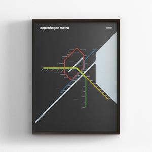 Kopenhagen U-Bahn, Dark Mode Karte, Minimal Poster, Wohnkultur, Leinwand Dekor, gerahmt Reisegeschenk, U-Bahn Stil Wandkunst, U-Bahn Schild