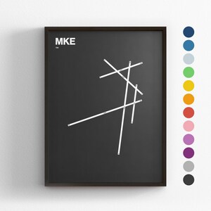 Pistas MKE, Aeropuerto Milwaukee Mitchell, Impresión minimalista de póster, Decoración en lienzo para el hogar, Regalo de viaje enmarcado, Arte mural de aviación, Letrero de mapa de tránsito