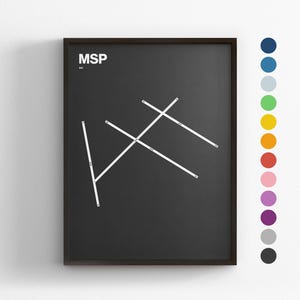 Pistas del Aeropuerto de Minneapolis-St. Paul (MSP), Impresión minimalista de póster, Decoración en lienzo para el hogar, Regalo de viaje enmarcado, Arte mural de aviación, Letrero de mapa de tránsito