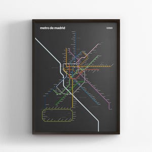 Metro de Madrid, Mapa en modo oscuro, Impresión minimalista, Decoración en lienzo para el hogar, Regalo de viaje enmarcado, Arte mural estilo metro, Señal de tránsito del metro