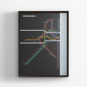 Metro Chennai, kaart donkere modus, minimale posterprint, decor canvas, ingelijst reiscadeau, muurkunst metrostijl, bord spoorvervoer
