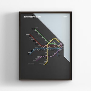 Subte de Buenos Aires, Mapa en modo oscuro, Impresión minimalista, Decoración en lienzo para el hogar, Regalo de viaje enmarcado, Arte mural estilo metro, Letrero del metro