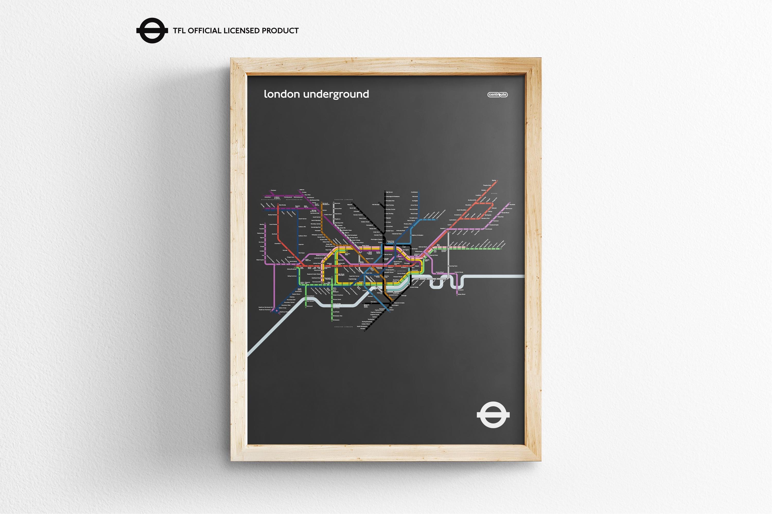 London Underground Vertical Dark Mode Tube Map / Minimal Poster