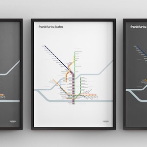 Mapa del metro de Frankfurt / Alemania / Impresión de póster minimalista / Arte de pared estilo metro / Decoración del hogar en lienzo / Regalo de viaje con marco negro / Señal de tren