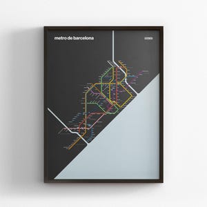 Mapa del metro de Barcelona / Modo oscuro / España / Impresión de póster minimalista / Arte de pared estilo metro / Decoración del hogar en lienzo / Regalo de viaje con marco negro