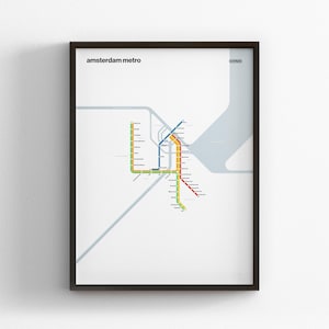 Métro d'Amsterdam, carte en modes clairs, impression d'affiche minimale, décoration d'intérieur en toile, cadeau de voyage encadré, oeuvre d'art murale style métro, enseigne de transport en commun