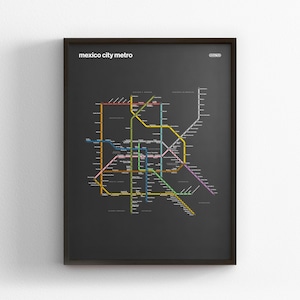 Mexico City Metro, Dark Mode Map, Minimal Poster Print, Canvas Home Decor, Framed Travel Gift, Subway Style Wall Art, Rail Transit Sign